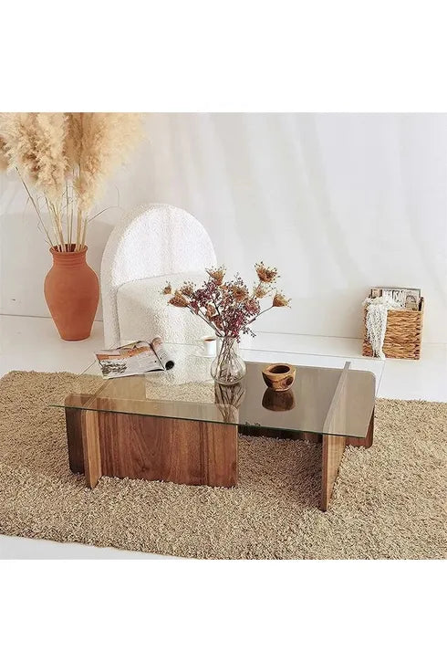 Table De Séjour En Bois Mdf Et Verre Trempé Largueur = 60 Cm Longueur =120 Hauteur 40 / Chêne